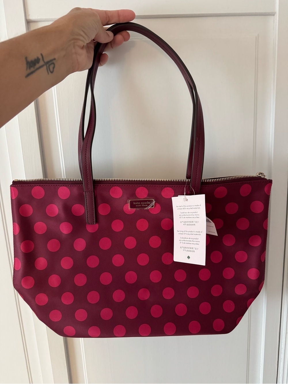 kate spade New York Hayden Burgundy and Pink Polka Dot Tote Bag